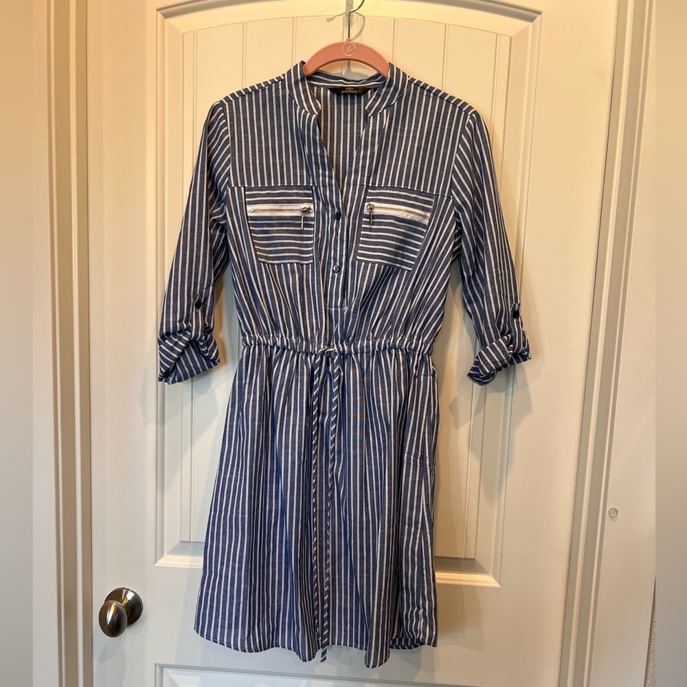 Mlle Gabrielle Blue and White Buttoned Shirt Dress Petite Small